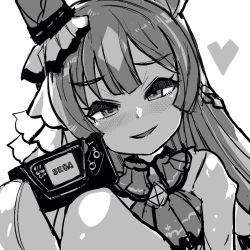 Rule 34 | 1girl, animal ears, blush, commentary, dress, ear ornament, greyscale, half updo, handheld game console, heart, holding, holding handheld game console, horse ears, long hair, looking at viewer, monochrome, parted lips, satono diamond (umamusume), sega game gear, simple background, sleeves past wrists, smile, solo, torotei, umamusume, upper body, white background