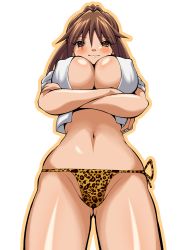 Rule 34 | 00s, 1girl, animal print, arms under breasts, blush, breasts, brown eyes, brown hair, cleavage, closed mouth, covered erect nipples, crossed arms, eyes visible through hair, from below, gluteal fold, highres, ichigo 100 percent, inabakun00, kitaooji satsuki, large breasts, leopard print panties, light smile, long hair, looking at viewer, looking down, navel, no bra, open clothes, panties, partially visible vulva, ponytail, side-tie panties, simple background, solo, standing, underwear, white background