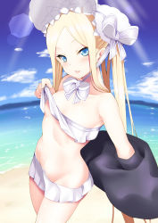 Rule 34 | 1girl, abigail williams (fate), abigail williams (swimsuit foreigner) (fate), abigail williams (swimsuit foreigner) (third ascension) (fate), absurdres, areola slip, bare shoulders, beach, bikini, bikini skirt, bikini top lift, blonde hair, blue eyes, bonnet, bow, breasts, clothes lift, daive, day, fate/grand order, fate (series), forehead, hair bow, highres, lifted by self, long hair, miniskirt, navel, parted bangs, sidelocks, skirt, small breasts, solo, swimsuit, twintails, very long hair, white bikini, white bow, white headwear