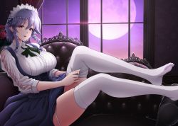 Rule 34 | 1girl, adjusting clothes, adjusting legwear, alternate costume, blue skirt, braid, breasts, center frills, collared shirt, cross-laced clothes, cross-laced skirt, framed breasts, frills, full moon, grey hair, hair between eyes, high-waist skirt, highres, izayoi sakuya, large breasts, legs up, long sleeves, looking at viewer, maid headdress, moon, no shoes, open mouth, raised eyebrows, red eyes, ribbed shirt, shirt, short hair, side braid, sitting, skindentation, skirt, sky, solo, star (sky), starry sky, suspender skirt, suspenders, thighhighs, thighs, touhou, twin braids, umasan, underbust, white shirt, white thighhighs, window, wing collar