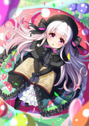 Rule 34 | 10s, 1girl, beret, black capelet, black dress, black footwear, black gloves, black hat, blurry, blurry background, blush, book, bow, capelet, commentary, depth of field, dress, dutch angle, fate/extra, fate (series), food print, frilled dress, frills, from above, fur-trimmed capelet, fur trim, gloves, gothic lolita, hair between eyes, hat, hat bow, ikazu401, lolita fashion, long hair, long sleeves, looking at viewer, looking up, mushroom, mushroom print, nursery rhyme (fate), open book, own hands together, parted lips, print dress, purple eyes, ribbon, silver hair, sitting, solo, striped bow, striped ribbon, very long hair