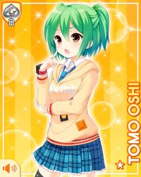 Rule 34 | 1girl, black legwear, bow, brown eyes, card (medium), character name, girlfriend (kari), green hair, hair bow, halftone, halftone background, holding, hood, hood down, hoodie, looking at side, official art, open mouth, orange background, oshi tomo, plaid, plaid skirt, qp:flapper, school uniform, skirt, solo, sparkle, star (symbol), starry background, thinking, ticket