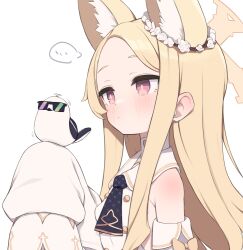 Rule 34 | 1girl, animal ear fluff, animal ears, bare shoulders, bird, blonde hair, blue archive, blush, breasts, bright pupils, brown eyes, buttons, commentary request, detached sleeves, double-breasted, dress, extra ears, flower, forehead, fox ears, gamuo, hair flower, hair ornament, halo, long hair, necktie, parted bangs, sailor collar, seia (blue archive), sidelocks, sleeves past fingers, sleeves past wrists, small breasts, solo, sunglasses, white dress, white pupils, white sailor collar