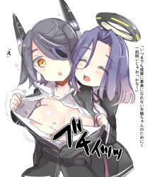 Rule 34 | 10s, 2girls, :o, ^ ^, assisted exposure, black hair, blush, breasts, closed eyes, eyepatch, halo, headgear, kanro ame (ameko), kantai collection, large breasts, lowres, mechanical halo, multiple girls, nipples, open mouth, personification, purple hair, short hair, smile, tatsuta (kancolle), tearing clothes, tenryuu (kancolle), torn clothes, translated, yellow eyes