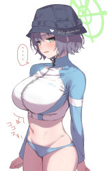 Rule 34 | ..., 1girl, artist name, bikini, bikini bottom only, black hair, black hat, blue archive, blue bikini, blue eyes, blush, breasts, clenched hands, commentary, cowboy shot, crop top, cropped jacket, frown, green eyes, halo, hat, jacket, kurokura eri, large breasts, long sleeves, looking at viewer, multicolored clothes, multicolored jacket, navel, official alternate costume, open mouth, saki (blue archive), saki (swimsuit) (blue archive), short hair, simple background, solo, spoken ellipsis, stomach, swimsuit, thighs, twitter username, v-shaped eyebrows, wavy mouth, white background, yellow halo