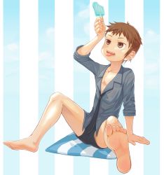 Rule 34 | 1boy, barefoot, blush, brown hair, food, full body, male focus, necktie, nup, nup martini, popsicle, satou (satohstc), shorts, solo, summon night, summon night 3, tongue, tongue out, underwear