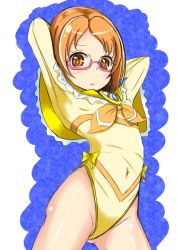 Rule 34 | 1girl, arms up, blue background, blush, bow, brown eyes, brown hair, cosplay, cowboy shot, cure muse, cure muse (yellow), cure muse (yellow) (cosplay), glasses, leotard, orange bow, pink-framed eyewear, precure, shirabe ako, shiratama0426, short hair, solo, suite precure, yellow bow