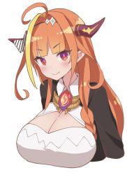 Rule 34 | 1girl, ahoge, blonde hair, blunt bangs, blush, breasts, brown hair, cleavage, closed mouth, collared shirt, cropped torso, dragon horns, fang, fang out, hololive, horns, kiryu coco, kiryu coco (1st costume), large breasts, long hair, looking at viewer, multicolored hair, purple eyes, red eyes, shirt, simple background, smile, solo, streaked hair, tadanoshi kabane, upper body, v-shaped eyebrows, virtual youtuber, white background, white shirt