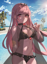 Rule 34 | 1girl, anna lee, artist name, beach, bikini, breasts, choker, cloud, cowboy shot, day, frilled bikini, frills, hololive, hololive english, large breasts, long hair, looking at viewer, mori calliope, navel, outdoors, palm tree, parted lips, pink eyes, pink hair, see-through, sky, solo, sun glare, swimsuit, teeth, tree, virtual youtuber, water, watermark