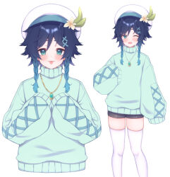 1boy absurdres aqua_eyes aqua_hair aqua_sweater black_hair black_shorts blush braid flower genshin_impact gradient_hair hair_between_eyes hair_ornament hat hat_flower highres jewelry long_sleeves looking_at_viewer male_focus momochiwood multicolored_hair multiple_views necklace one_eye_closed open_mouth short_hair shorts smile sweater thighhighs tongue tongue_out twin_braids venti_(genshin_impact) white_background white_hat white_thighhighs x_hair_ornament