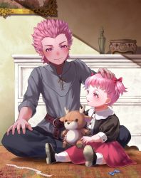 Rule 34 | 1boy, 1girl, aged down, black shirt, brother and sister, crossed legs, fire emblem, fire emblem: three houses, fire emblem warriors: three hopes, hair ribbon, headpat, highres, hilda valentine goneril, holding, holding stuffed toy, holst sigiswald goneril, looking at another, luiana drawers, matching hair/eyes, miran (olivine 20), nintendo, on floor, parted lips, pink eyes, pink hair, pink skirt, ribbon, shirt, short twintails, siblings, sitting, skirt, smile, spiked hair, stuffed animal, stuffed deer, stuffed toy, twintails