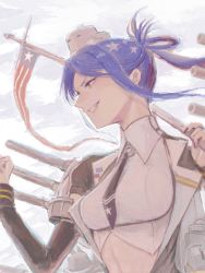 Rule 34 | 1girl, alternate hairstyle, american flag, black jacket, blue hair, breasts, detached sleeves, flag, grin, headgear, holding, holding flag, jacket, kantai collection, large breasts, long hair, multicolored hair, nail polish, ponytail, purple nails, red hair, rigging, shirt, sleeveless, sleeveless shirt, smile, solo, south dakota (kancolle), sowamame, star (symbol), upper body, white hair, white shirt, yellow eyes
