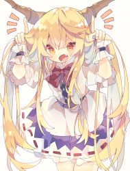 Rule 34 | 1girl, blonde hair, blush, bunching hair, commentary, cowboy shot, dress, fang, frills, hands up, highres, holding, holding hair, horns, ibuki suika, leaning forward, long hair, looking at viewer, nikorashi-ka, open mouth, pointing, pointing up, red neckwear, setsubun, short sleeves, simple background, solo, touhou, twintails day, white background, white dress, wrist cuffs, yellow eyes