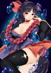 Rule 34 | 1girl, ass, bare shoulders, bead necklace, beads, black hair, black thighhighs, blunt bangs, bow, breasts, choker, fish, goldfish, hair bow, hairband, highres, japanese clothes, jewelry, kimono, large breasts, long sleeves, looking at viewer, necklace, off shoulder, original, panties, parted bangs, parted lips, purple eyes, red choker, short eyebrows, solo, tamak0bt, thighhighs, underwear, water, white panties, wide sleeves