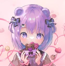 Rule 34 | 1girl, absurdres, animal ears, bear ears, black sailor collar, candy, chocolate, chocolate heart, covered mouth, food, frilled sailor collar, frills, grey shirt, hair between eyes, hands up, heart, highres, holding, holding food, long sleeves, looking at viewer, original, pink background, purple eyes, purple hair, rin (fuwarin), sailor collar, shirt, simple background, solo, two side up, upper body, valentine