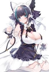 Rule 34 | 1girl, azur lane, black hair, blue eyes, blue hair, blue nails, blush, breasts, cheshire (azur lane), cleavage, earrings, garter straps, highres, jewelry, kneeling, large breasts, looking at viewer, maid headdress, multicolored hair, nail polish, nemun (tamizzz), simple background, solo, streaked hair, thighhighs, white background, white thighhighs