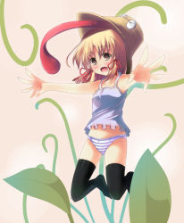 Rule 34 | &gt; &lt;, 1girl, black thighhighs, blonde hair, blush, camisole, closed eyes, female focus, flat chest, full body, gradient background, hair ribbon, hat, leaf, moriya suwako, nekomushi, no pants, open mouth, panties, plant, pyonta, ribbon, solo, striped clothes, striped panties, thighhighs, touhou, underwear
