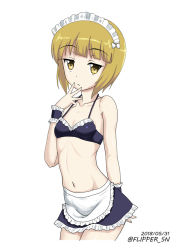 Rule 34 | 10s, 1girl, arm behind back, bikini, bikini top only, blonde hair, blue bikini, blunt bangs, blush, breasts, collarbone, cowboy shot, cutlass (girls und panzer), dated, flipper, frilled bikini, frills, frown, girls und panzer, groin, hand to own mouth, looking at viewer, maid, maid headdress, midriff, miniskirt, navel, one-hour drawing challenge, short hair, simple background, skirt, small breasts, solo, standing, swimsuit, white background, yellow eyes