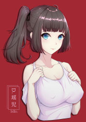 Rule 34 | 1girl, absurdres, bare shoulders, blue eyes, breasts, brown hair, cleavage, closed mouth, collarbone, commentary request, hair ornament, highres, large breasts, lis zhu long, long hair, looking at viewer, original, red background, shirt, side ponytail, simple background, solo, translation request, white shirt