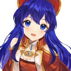 Rule 34 | 1girl, :d, bare shoulders, blue eyes, blue hair, breasts, cleavage, dress, fire emblem, fire emblem: the binding blade, hat, highres, jurge, lilina (fire emblem), long hair, looking at viewer, nintendo, open mouth, portrait, red dress, red hat, simple background, small breasts, smile, solo, white background
