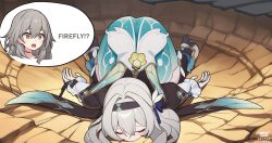 Rule 34 | 2girls, blush, closed eyes, commentary, crater, defeat, english commentary, english text, firefly (honkai: star rail), grey hair, hair between eyes, hairband, highres, honkai: star rail, honkai (series), long hair, meme, multiple girls, open mouth, prickly-chan (ycactussprout), stelle (honkai: star rail), surprised, top-down bottom-up, trailblazer (honkai: star rail), yamcha pose (meme), yellow eyes