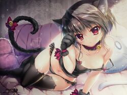 Rule 34 | 1girl, 9-nine-, animal ear fluff, animal ears, animal hands, arm support, bare shoulders, bell, black camisole, black hair, black panties, black tail, black thighhighs, blush, bow, breasts, breasts apart, camisole, cat ears, cat paws, cat tail, choker, collarbone, commentary request, company name, expressionless, eyelashes, foot out of frame, foreshortening, frilled choker, frilled panties, frilled pillow, frills, gloves, hair between eyes, hair intakes, hand up, head tilt, highres, indoors, izumi tsubasu, jingle bell, kemonomimi mode, leaning forward, looking at viewer, navel, neck bell, nipple slip, nipples, no bra, no shoes, official art, on bed, panties, paw gloves, paw pose, photo (medium), pillow, red bow, red choker, red eyes, red ribbon, ribbon, short hair with long locks, sitting, small breasts, solo, stomach, strap slip, stuffed toy, sunlight, tail, tail bell, tail bow, tail ornament, thigh gap, thighhighs, thighs, underwear, yokozuwari, yuuki noa