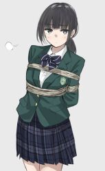 Rule 34 | 1girl, black hair, bound, bow, bowtie, cowboy shot, formal, green suit, grey background, highres, inside fuwa, long sleeves, looking at viewer, low ponytail, original, plaid, plaid skirt, pleated skirt, puffy long sleeves, puffy sleeves, rope, school uniform, skirt, solo, suit
