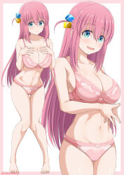 Rule 34 | 1girl, bare shoulders, barefoot, blue eyes, blush, bocchi the rock!, bra, cameltoe, collarbone, cube hair ornament, gluteal fold, gotoh hitori, hair between eyes, hair ornament, hands on own chest, hands up, inoshira, knees together feet apart, leaning forward, linea alba, long hair, multiple views, navel, one side up, open mouth, panties, parted lips, pink bra, pink hair, pink panties, raised eyebrows, smile, standing, steepled fingers, thigh gap, thighs, twitter username, underwear, underwear only, very long hair