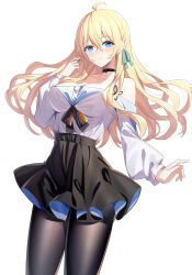 Rule 34 | 1girl, ahoge, bad id, bad twitter id, black pantyhose, black skirt, blonde hair, blue eyes, blush, breasts, choker, cleavage, collarbone, commentary request, highres, large breasts, long hair, long sleeves, looking at viewer, off-shoulder shirt, off shoulder, original, pantyhose, ririko (zhuoyandesailaer), saegusa futaba, shirt, simple background, skirt, smile, solo, thighs, white background, white shirt