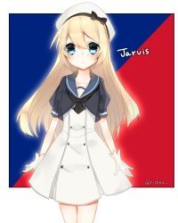 Rule 34 | 1girl, artistic error, blonde hair, blue background, blue eyes, character name, cowboy shot, dress, gloves, hat, highres, jervis (kancolle), kantai collection, long hair, looking at viewer, red background, rishou, sailor dress, short sleeves, solo, standing, twitter username, two-tone background, typo, white gloves, white hat