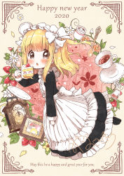Rule 34 | 1girl, apron, back bow, black dress, black footwear, blonde hair, blush, bow, cake, chestnut mouth, chibi, clock, cup, daisy, dot nose, dress, english text, flower, food, fork, frilled apron, frills, fruit, full body, grey eyes, heart, holding, holding fork, jar, leaf, long dress, long hair, long sleeves, maid, maid apron, maid headdress, neko satou, new year, one side up, open mouth, original, photo (object), picture frame, plant, plate, shoes, sidelocks, signature, solo, spoon, straight hair, strawberry, strawberry shortcake, sugar cube, tea, teacup, vines, white bow, yellow background, yellow flower