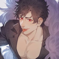 Rule 34 | 1boy, :p, anderain, belial (granblue fantasy), black hair, black shirt, collarbone, collared jacket, fang, feather boa, granblue fantasy, highres, jacket, leaning forward, looking at viewer, male focus, muscular, muscular male, no shirt, pectoral cleavage, pectorals, red eyes, shirt, short hair, simple background, solo, tongue, tongue out