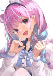 Rule 34 | 1girl, :d, ahoge, anchor symbol, animal ears, blue bow, blue hair, blunt bangs, bow, bowtie, braid, breasts, cat ears, hairband, hands up, head tilt, highres, hololive, knees up, large breasts, long hair, long sleeves, looking at viewer, looking to the side, miaohik, minato aqua, minato aqua (sailor), multicolored hair, open mouth, pantyhose, purple eyes, purple hair, sailor collar, shirt, simple background, smile, solo, streaked hair, virtual youtuber, white background, white pantyhose, white shirt