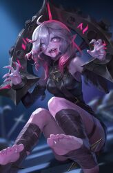 Rule 34 | 1girl, absurdres, ahoge, bare shoulders, blood, blood from mouth, blurry, blurry background, breasts, briar (league of legends), chained wrists, colored sclera, colored skin, detached sleeves, feet, fingernails, full body, grey eyes, grey hair, grey skin, hair between eyes, hands up, highres, knees up, league of legends, long sleeves, looking at viewer, medium breasts, medium hair, multicolored hair, nail polish, no pupils, pink hair, pink sclera, pointy ears, sharp fingernails, sharp teeth, shiny skin, sidelocks, sitting, smile, soles, solo, stirrup legwear, syami (choiimi), teeth, toeless legwear, toes, two-tone hair, two side up, vampire