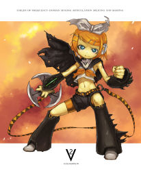 Rule 34 | 1girl, adapted costume, armor, armored boots, backlighting, belt, black cape, black footwear, black shorts, blonde hair, boots, cape, clenched hand, female focus, fighting stance, full body, hair ribbon, headset, kagamine rin, kikai (akita morgue), knee boots, legs apart, looking at viewer, navel, neckerchief, ribbon, school uniform, serafuku, short hair, shorts, sky, solo, spikes, standing, stomach, swept bangs, torn cape, torn clothes, vocaloid, weapon, white ribbon, yellow neckerchief