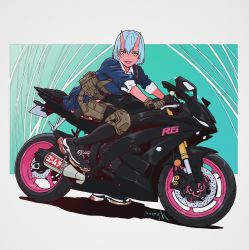 Rule 34 | 1girl, blue hair, colored skin, copyright request, gloves, handa shuuhei, highres, horns, knee pads, looking at viewer, motor vehicle, motorcycle, open mouth, red skin, shoes, skirt, sleeves rolled up, sneakers, solo, yellow eyes