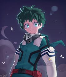 Rule 34 | 1boy, absurdres, artist name, atgyu, belt, blue gloves, bodysuit, boku no hero academia, closed mouth, commentary request, elbow gloves, freckles, frown, gloves, green bodysuit, green eyes, green hair, highres, hood, hood down, hooded bodysuit, looking at viewer, male focus, mask, unworn mask, midoriya izuku, mouth mask, red belt, solo, two-tone gloves, upper body, utility belt, v-shaped eyebrows, white gloves