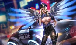 Rule 34 | 1girl, absurdres, alternate costume, black gloves, blonde hair, blurry, breasts, car, cuffs, depth of field, gloves, gun, hair over one eye, handcuffs, handgun, highres, holster, liang xing, mechanical wings, mercy (overwatch), motor vehicle, necktie, nipples, open clothes, open shirt, overwatch, overwatch 1, parted lips, police, police car, police uniform, policewoman, rain, shirt, solo, thigh holster, thighhighs, uniform, weapon, white gloves, wings