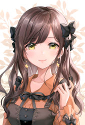Rule 34 | 1girl, black bow, black ribbon, bow, brown dress, brown hair, brown shirt, chocofox, closed mouth, collared shirt, commentary, commission, dress, dress shirt, frilled shirt collar, frills, green eyes, hair bow, hand up, highres, long hair, long sleeves, looking at viewer, neck ribbon, original, ribbon, shirt, sleeveless, sleeveless dress, smile, solo, swept bangs, upper body, white background