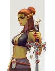Rule 34 | 1girl, artist name, baldur&#039;s gate, baldur&#039;s gate 3, bare shoulders, breasts, brown hair, cleavage, closed mouth, colored skin, cowboy shot, dungeons &amp; dragons, from side, gabbiepicasso, gem, green skin, grey background, hair bun, highres, holding, holding sword, holding weapon, lae&#039;zel, large breasts, pointy ears, single hair bun, solo, sword, weapon, white background