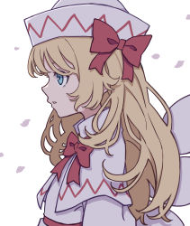 Rule 34 | 1girl, blonde hair, blue eyes, capelet, dress, fairy, fairy wings, hat, highres, kame (kamepan44231), lily white, long hair, long sleeves, one-hour drawing challenge, parted lips, simple background, solo, touhou, upper body, white background, white capelet, white dress, white hat, wings