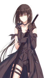 Rule 34 | 1girl, asymmetrical gloves, black cape, black gloves, black shirt, black shorts, brown hair, cape, collar, earrings, elbow gloves, floating hair, gloves, hair between eyes, highres, holding, holding sheath, holding sword, holding weapon, jewelry, long hair, looking at viewer, official art, original, ponytail, sheath, sheathed, shiny skin, shirt, short shorts, shorts, simple background, sleeveless, sleeveless shirt, solo, standing, sword, thigh strap, uneven gloves, very long hair, weapon, white background, xing muhen, yellow eyes