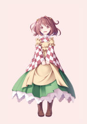Rule 34 | 1girl, :d, apron, bad id, bad pixiv id, bell, blush, boots, brown eyes, brown footwear, brown hair, checkered clothes, checkered shirt, cross-laced footwear, full body, green skirt, hair bell, hair ornament, japanese clothes, jingle bell, kimono, lace-up boots, long sleeves, looking at viewer, midorino eni, motoori kosuzu, open mouth, shirt, short hair, skirt, smile, solo, touhou, two side up, v arms, wide sleeves