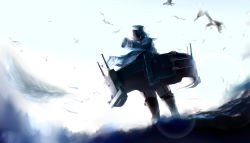 Rule 34 | 10s, 1girl, bad id, bad pixiv id, beret, bird, black hair, black thighhighs, blue hat, brown gloves, day, dutch angle, feathers, from behind, garter straps, gloves, hat, highres, jacket, jacket on shoulders, kantai collection, lens flare, machinery, outdoors, sky, standing, takao (kancolle), takeichi yui, thighhighs, water, wind