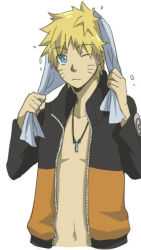 Rule 34 | 1boy, blonde hair, blue eyes, facial mark, lowres, male focus, naruto, naruto (series), necklace, one eye closed, open clothes, open shirt, shirt, towel, unzipped, uzumaki naruto, wet, whisker markings