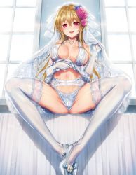 Rule 34 | 1girl, blonde hair, blush, breasts, breasts apart, bridal gauntlets, bridal veil, bride, covered erect nipples, dress, elbow gloves, flower, gloves, groin, hair flower, hair ornament, has bad revision, highres, hisasi, large breasts, legs apart, lifting own clothes, long hair, looking at viewer, md5 mismatch, navel, no bra, open clothes, open mouth, original, panties, red eyes, resolution mismatch, smile, solo, source smaller, thighhighs, twintails, underwear, veil, wedding dress, white dress, white thighhighs, window