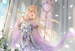 Rule 34 | 1girl, artist request, bare shoulders, blonde hair, blue eyes, bouquet, braid, cathedral, detached sleeves, douluo dalu, falling petals, flower, hair ornament, hand in own hair, highres, holding, holding bouquet, long hair, long sleeves, looking to the side, parted lips, petals, qian renxue (douluo dalu), second-party source, solo, teeth, upper body, white flower, window