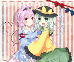 Rule 34 | 2girls, aqua hair, black hat, blouse, bow, eyeball, female focus, frilled shirt, frills, green eyes, hairband, hands in opposite sleeves, hat, hat bow, heart, heart-shaped pupils, heart of string, holding another&#039;s arm, hug, komeiji koishi, komeiji satori, long sleeves, looking at viewer, multiple girls, open mouth, pink eyes, pink hair, ribbon, shirt, short hair, siblings, sisters, skirt, sleeves past wrists, smile, striped, striped background, symbol-shaped pupils, teeth, third eye, touhou, wide sleeves, yuria (kittyluv)