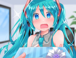 Rule 34 | 1girl, aira (exp), aqua eyes, aqua hair, aqua necktie, bare shoulders, blurry, blurry background, box, commentary, detached sleeves, gift, gift box, giving, grey shirt, hair ornament, hatsune miku, headphones, indoors, long hair, looking at viewer, necktie, open mouth, plant, potted plant, pov, pov hands, shirt, shoulder tattoo, sleeveless, sleeveless shirt, sparkle, surprised, tattoo, television, twintails, upper body, very long hair, vocaloid, window