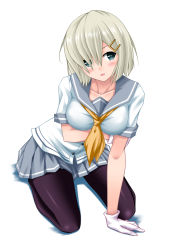 Rule 34 | 10s, 1girl, arm support, black pantyhose, blue eyes, blush, breast hold, breasts, gloves, hair between eyes, hair ornament, hairclip, hamakaze (kancolle), highres, kantai collection, kaze makase, open mouth, pantyhose, school uniform, seiza, serafuku, short hair, silver hair, sitting, skirt, solo, white background, white gloves